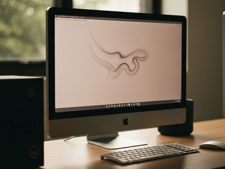 노트북 키보드 위에 놓인 스마트폰과 커피잔, 노트북 화면에는 포털 사이트 로고가 보이는 나무 책상