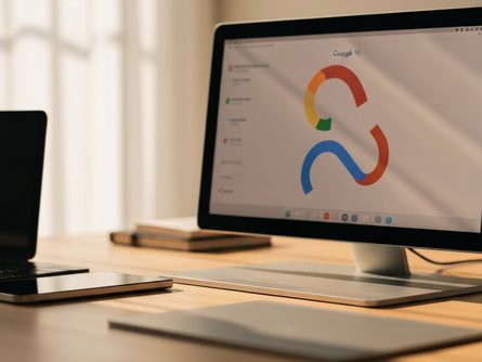 노트북 위에 놓인 커피잔과 펜, 열린 노트와 안경