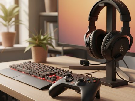 책상 위에 놓인 게임 컨트롤러와 키보드, 헤드셋이 함께 배치된 게이밍 환경