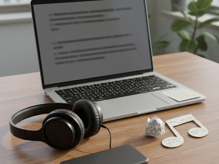 헤드폰과 스마트폰, 노트북이 나무 책상 위에 놓여있고, 음표 모양의 종이 메모가 있는 모습