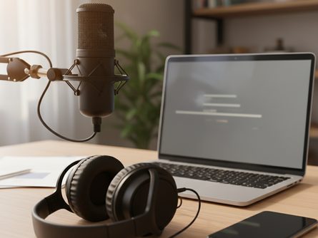 노트북 화면 앞에 놓인 헤드셋과 마이크, 스마트폰이 책상 위에 배치된 모습