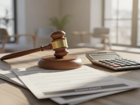 경매 망치와 부동산 계약서, 전자 계산기가 놓인 나무 책상