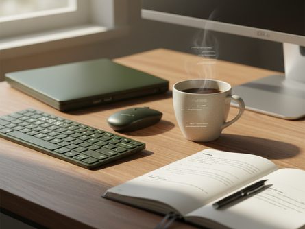 나무 책상 위에 놓인 컴퓨터 마우스와 키보드, 커피 잔과 노트