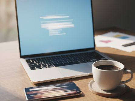 노트북 컴퓨터 화면 앞에 놓인 스마트폰과 커피잔이 있는 나무 책상