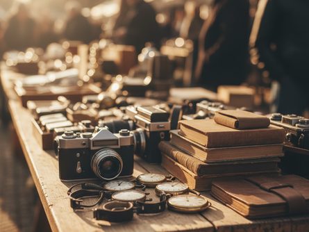 중고 물건들이 진열된 벼룩시장 테이블 위의 빈티지 시계, 카메라, 책들