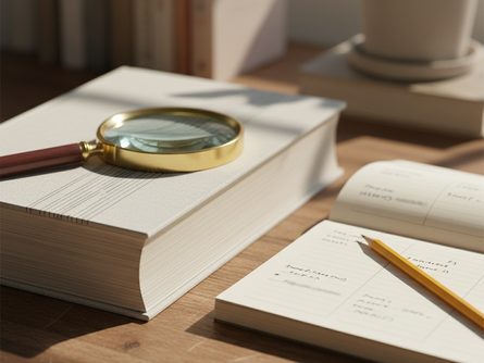 두꺼운 국어사전 책과 돋보기, 연필과 노트가 놓인 나무 책상