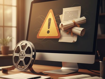 컴퓨터 모니터 화면에 경고 아이콘과 법률 문서, 영화 필름 릴이 놓인 어두운 책상