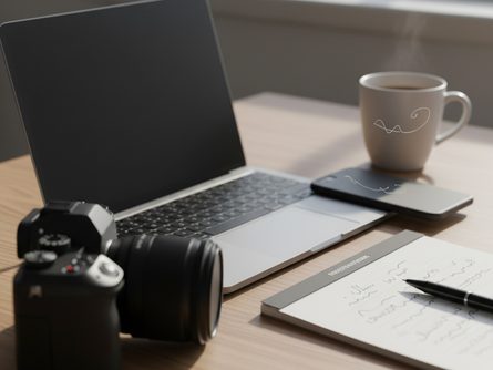 책상 위에 놓인 디지털 카메라와 노트북, 스마트폰, 메모지와 펜