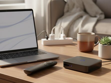 TV 리모컨과 스트리밍 기기, 노트북이 놓인 거실 테이블