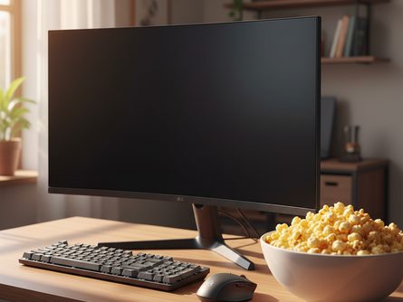 책상 위에 놓인 컴퓨터 모니터와 키보드, 마우스, 팝콘 한 그릇