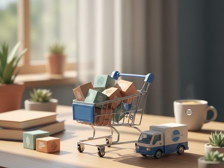 쇼핑 카트에 담긴 다양한 상품 박스와 배송 트럭 미니어처가 있는 책상 위 풍경