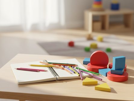 색연필과 스케치북, 동그라미와 네모 도형 블록이 놓인 유아 활동 테이블