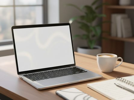 책상 위에 놓인 노트북과 스마트폰, 커피잔, 메모장