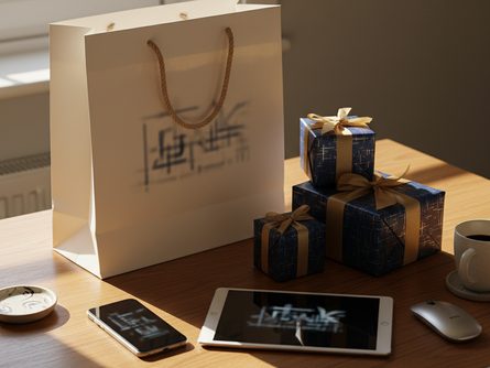 쇼핑백과 선물 상자, 스마트폰이 놓인 테이블 위