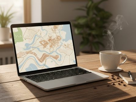 펼쳐진 종이 지도 위에 빨간 핀 마커와 나침반이 놓인 나무 테이블