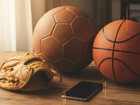 나무 책상 위에 놓인 축구공, 야구 글러브, 농구공과 스마트폰