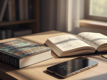 여러 언어로 쓰인 사전과 번역 노트, 스마트폰이 놓인 책상