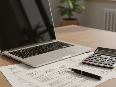 노트북 위에 펼쳐진 종이 문서와 계산기, 펜이 놓인 현대적인 사무실 책상