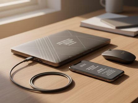 노트북 컴퓨터와 스마트폰, USB 케이블, 마우스가 정돈된 책상 위에 놓여 있는 모습