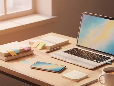 책상 위에 놓인 노트북과 스마트폰, 커피잔, 펜과 메모장이 정돈되어 있는 모습