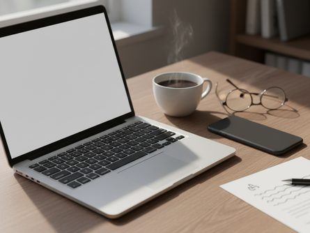 노트북과 스마트폰이 나란히 놓인 책상 위, 커피잔과 안경이 함께 배치된 모습