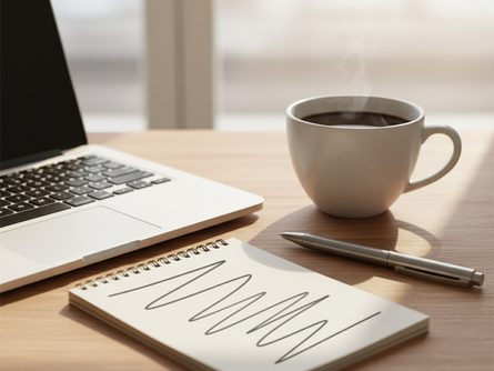 노트북 키보드 위에 놓인 메모장과 펜, 커피잔이 있는 나무 책상