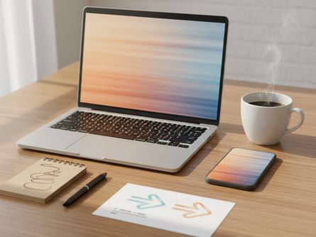 노트북 화면과 스마트폰이 놓인 깔끔한 책상, 커피잔과 메모장이 함께 배치된 모습