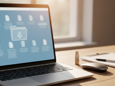 노트북 화면에 나타난 파일 다운로드 폴더와 USB 메모리, 마우스가 책상에 놓인 모습