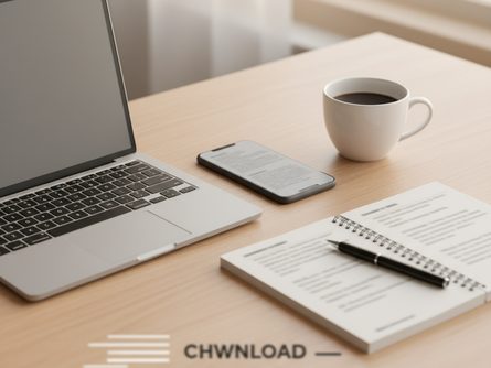 깔끔한 책상 위에 노트북과 스마트폰이 놓여 있고, 그 옆에 커피잔과 노트가 있는 모습