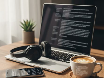 스마트폰과 노트북이 나란히 놓인 책상 위에 헤드폰과 커피잔이 있는 모습