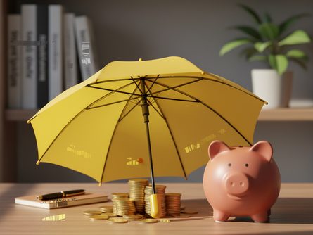 노란 우산이 펼쳐진 모습과 함께 쌓인 동전, 돼지 저금통이 놓인 책상