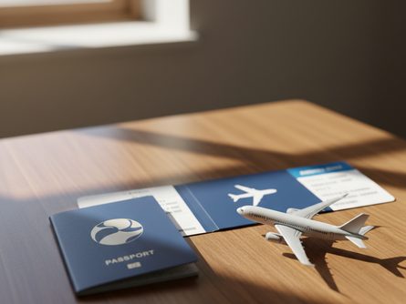 여권과 항공권, 미니어처 비행기가 놓인 나무 테이블