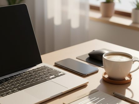노트북 옆에 스마트폰과 커피잔, 메모장이 놓인 깔끔한 책상