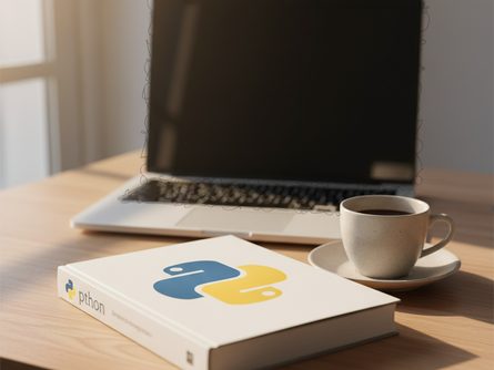 노트북 앞에 파이썬 로고가 그려진 책과 커피잔이 놓인 나무 책상