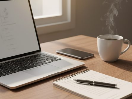 책상 위에 놓인 노트북 컴퓨터와 스마트폰, 커피잔, 메모장이 함께 배치된 모습