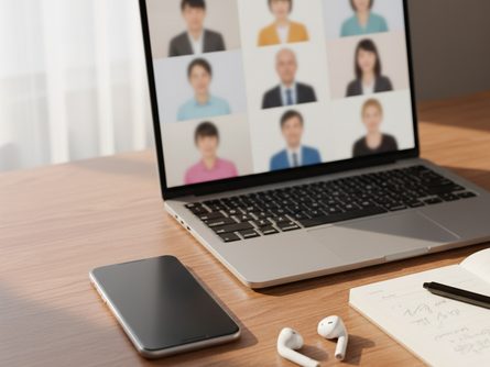 노트북과 스마트폰이 나무 책상 위에 놓여 있고, 노트북 화면에는 화상 회의 중인 사람들의 아바타가 보이며, 스마트폰 옆에는 이어폰과 메모장이 놓여 있는 모습