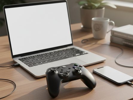 책상 위에 놓인 게임 컨트롤러와 노트북, 스마트폰