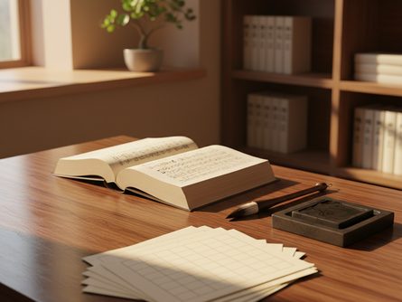 책상 위에 펼쳐진 한자 사전책과 붓, 먹, 연습장이 놓인 전통 서재 풍경