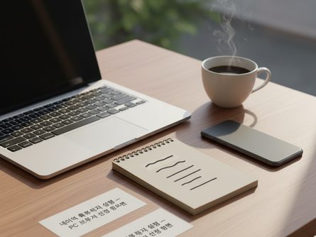 나무 책상 위에 놓인 노트북과 스마트폰, 커피잔, 검색어가 적힌 메모장