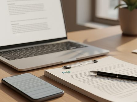 책상 위에 놓인 스마트폰과 노트북, 펜과 서류가 정돈된 모습