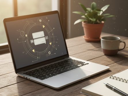 스마트폰과 노트북이 나무 책상 위에 놓여있고, 옆에 커피잔과 메모장이 함께 배치된 모습