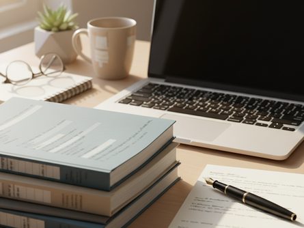 책상 위에 놓인 문서 파일들과 펜, 노트북 키보드