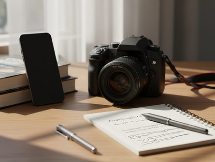 책상 위에 놓인 디지털 카메라와 메모장, 펜, 스마트폰