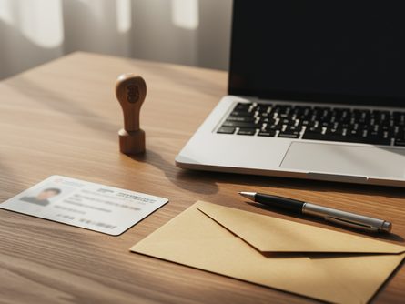 나무 책상 위에 놓인 신분증, 도장, 서류 봉투, 볼펜과 노트북 키보드
