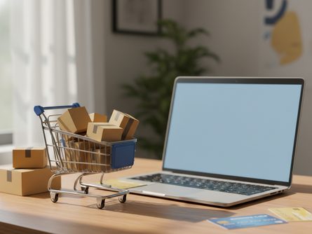 쇼핑 카트와 택배 상자가 놓인 책상 위 노트북과 신용카드