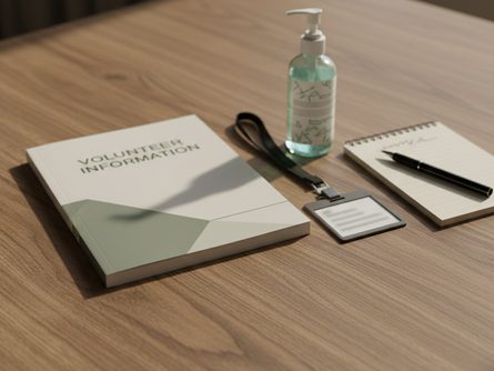 나무 책상 위에 놓인 자원봉사 안내 책자, 명찰, 손 소독제, 메모장과 볼펜