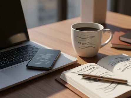 노트북 키보드 위에 놓인 스마트폰과 커피잔, 공책이 있는 책상