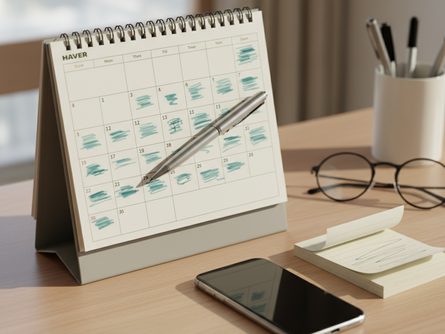 책상 위에 놓인 월간 달력과 펜, 스마트폰, 메모지