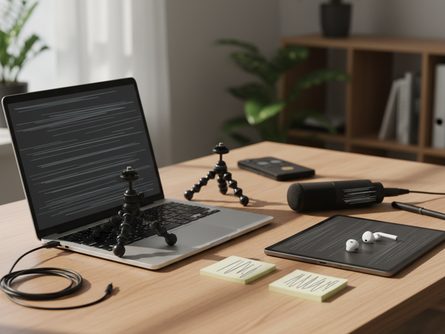 노트북과 태블릿 위에 펼쳐진 영상 촬영 소품들 - 미니 삼각대, 마이크, 이어폰, 메모지가 놓인 책상