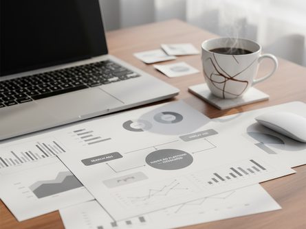 노트북 위에 놓인 디지털 마케팅 문서와 차트, 커피 한 잔, 마우스가 있는 나무 책상